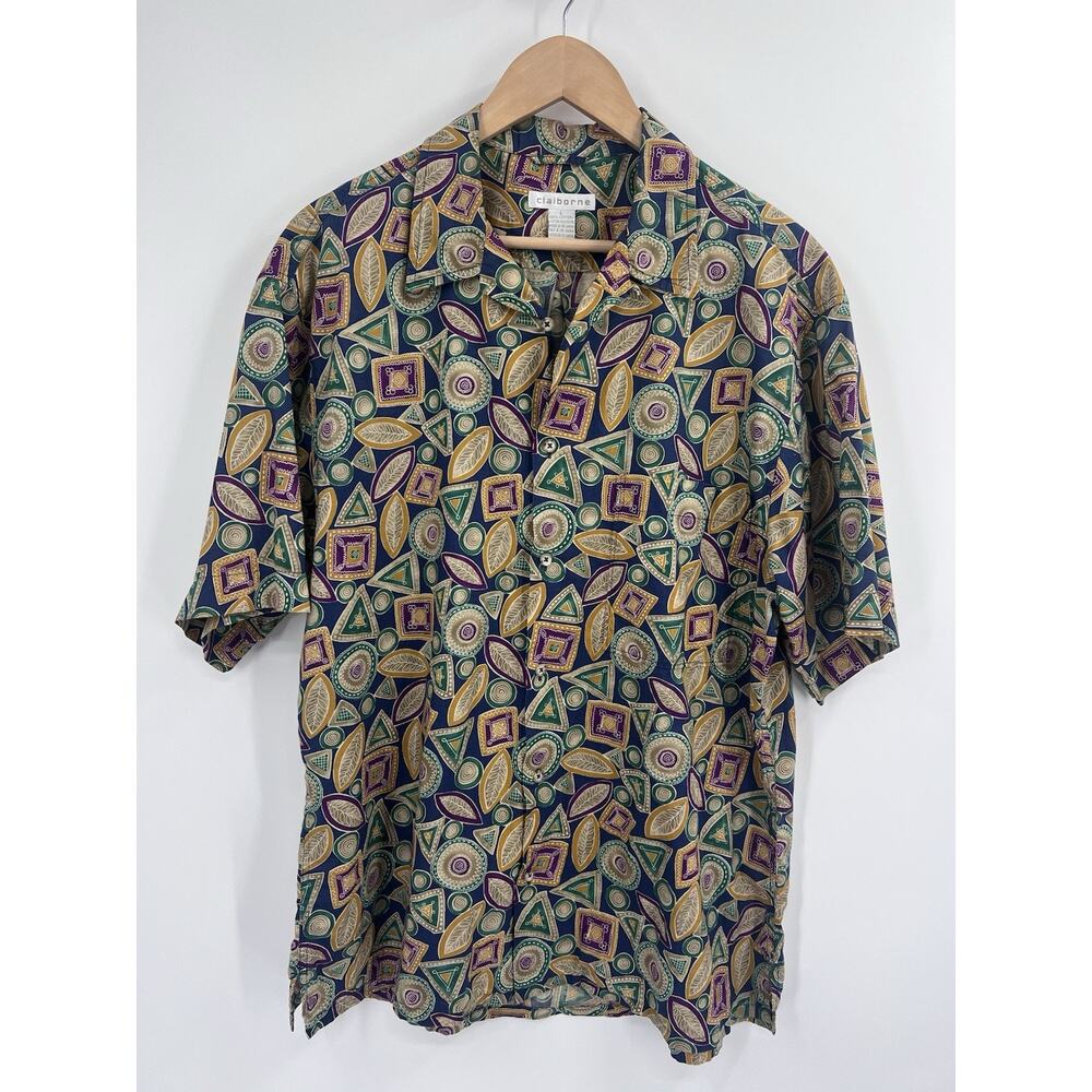 VTG Liz Claiborne Wild Shape Print 100% Cotton Short Sleeve Button Down L Men